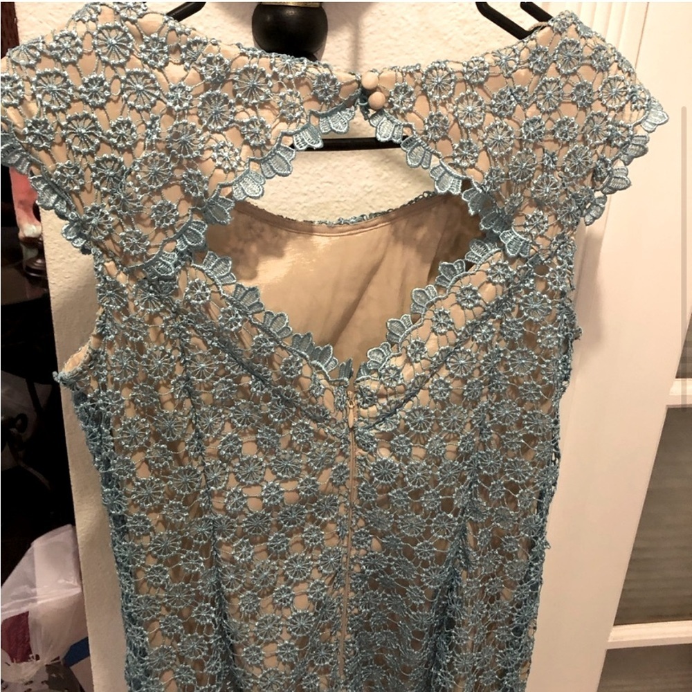 🖤5/$25 Adriana Papell Lace chrochet dress open back blue sea foam trim detail NW - Picture 11 of 16